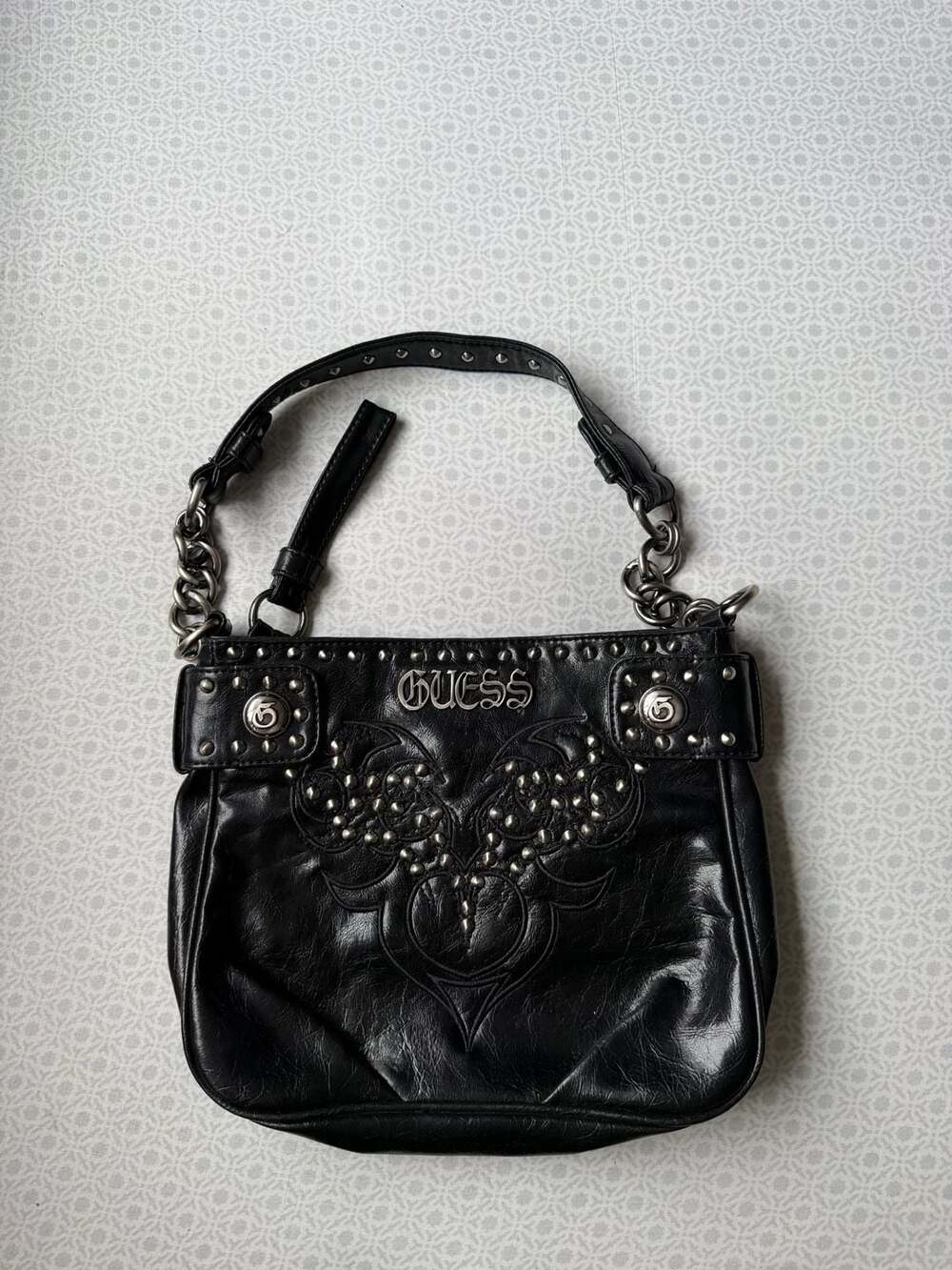 Vintage Y2K Guess Studded Leather Hobo Shoulder Bag Black Goth Grunge Chain
